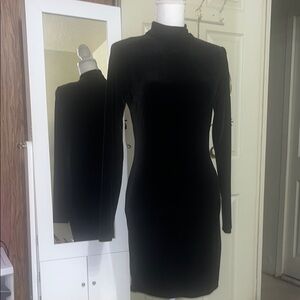 Black Bodycon Knee-Length Long Sleeve Mock Neck Dress for Cocktail